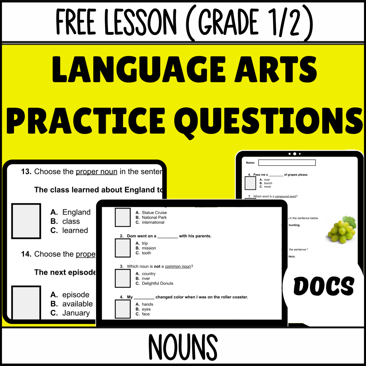 An educational teaching resource from Cored Education entitled Nouns Sample - Grades 1-2 Grammar (Docs) downloadable at Teach Simple.