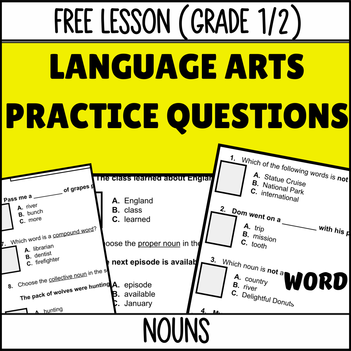 An educational teaching resource from Cored Education entitled Nouns Sample - Grades 1-2 Grammar (Word) downloadable at Teach Simple.