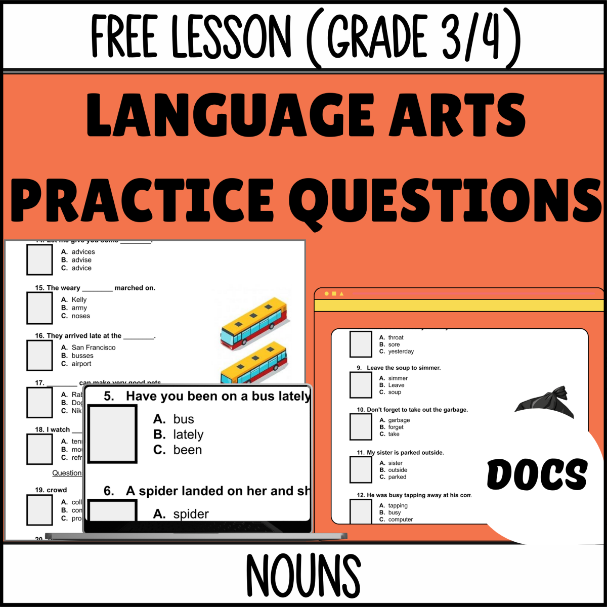 An educational teaching resource from Cored Education entitled Nouns Sample: Grammar Grade 3-4 (Google Docs) downloadable at Teach Simple.