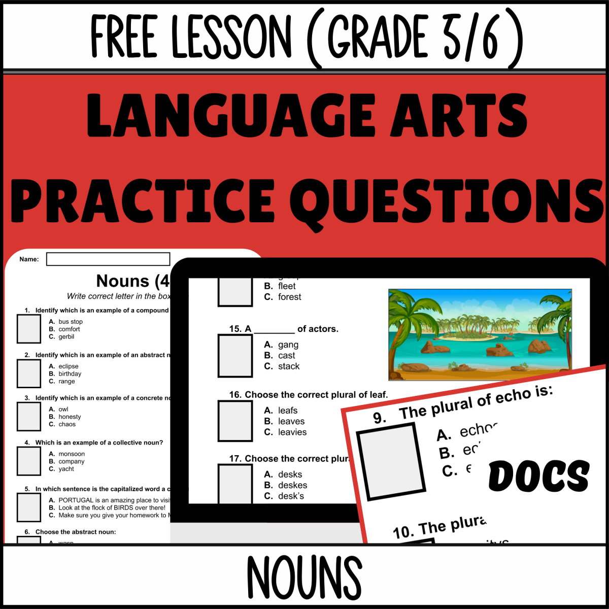 An educational teaching resource from Cored Education entitled Nouns Sample Lesson - Grammar Grade 5-6 (Docs) downloadable at Teach Simple.