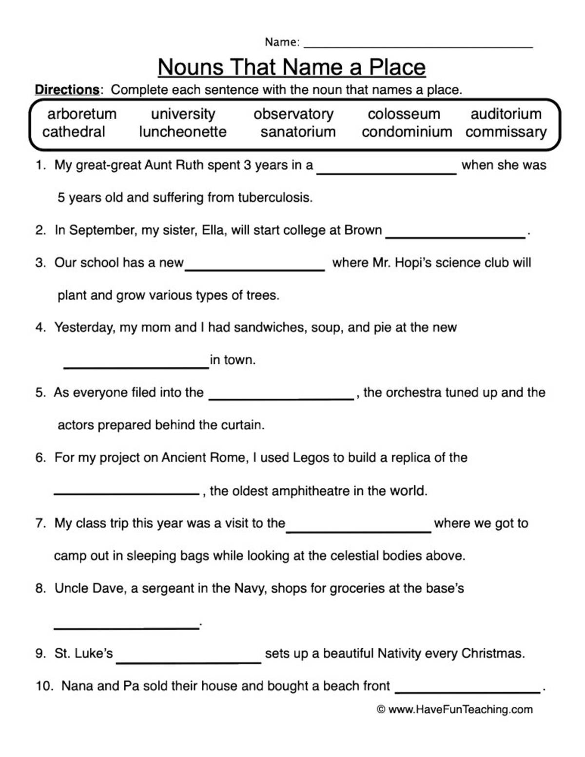 An educational teaching resource from Have Fun Teaching entitled Nouns That Name a Place Worksheet downloadable at Teach Simple.