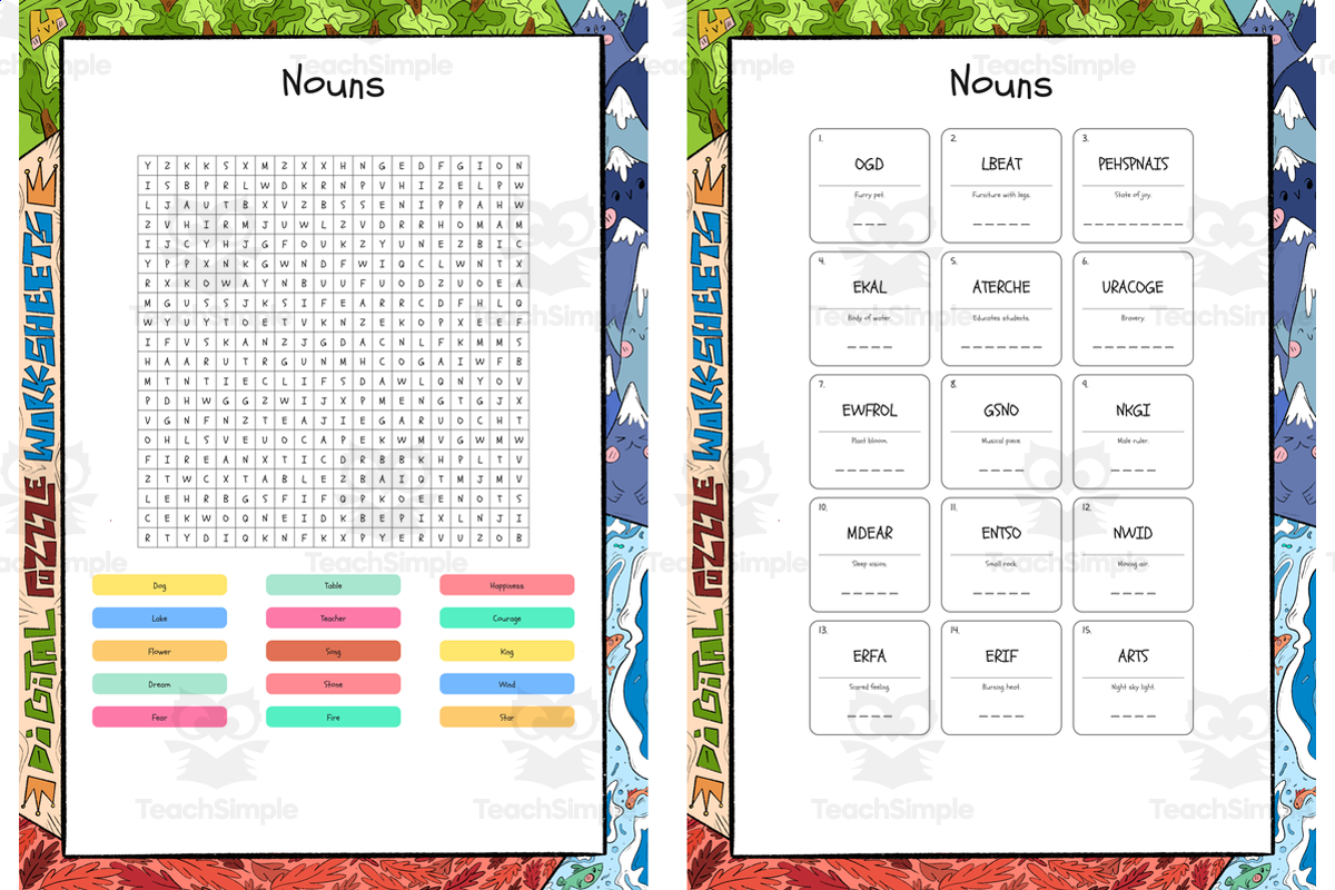 An educational teaching resource from Lapiiin Art Activities entitled Nouns word search, scramble and crossword puzzle downloadable at Teach Simple.