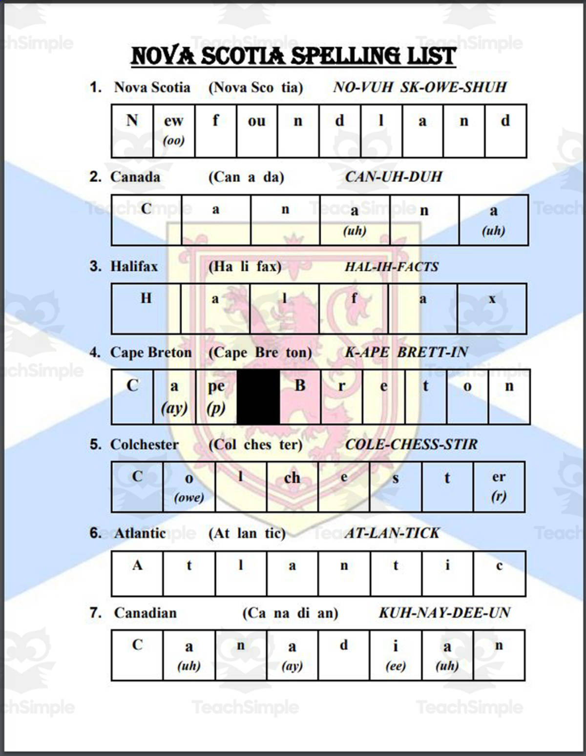 An educational teaching resource from Mr. Matthews Teacher Store entitled Nova Scotia (Canada) Spelling List downloadable at Teach Simple.
