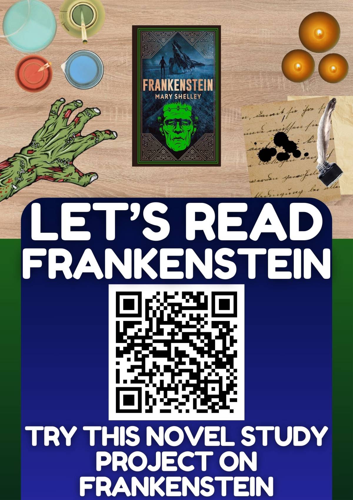 An educational teaching resource from Learning with Alan entitled Novel Study on Frankenstein by Mary Shelley - Research Project downloadable at Teach Simple.