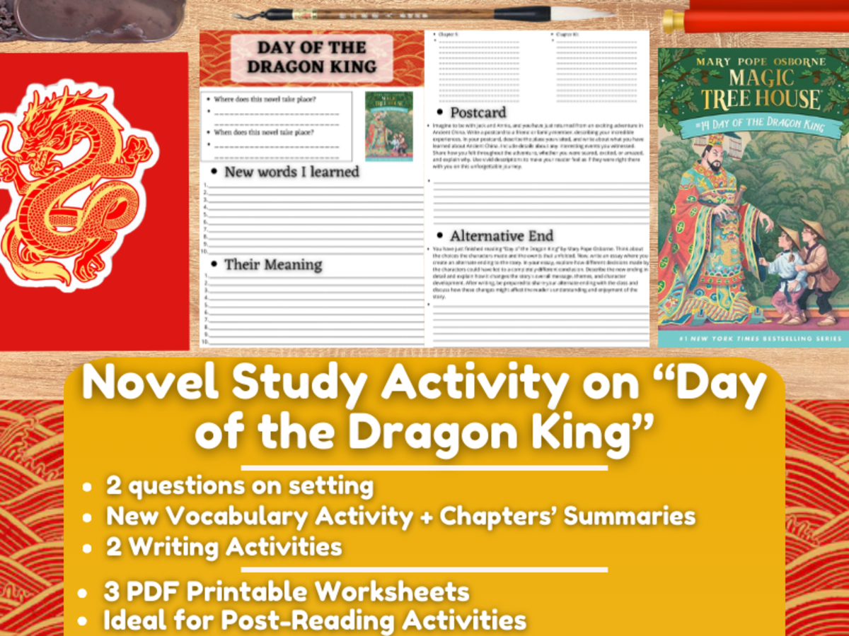 An educational teaching resource from Learning with Alan entitled Novel Study Worksheets - Day of the Dragon King - Magic Tree House downloadable at Teach Simple.
