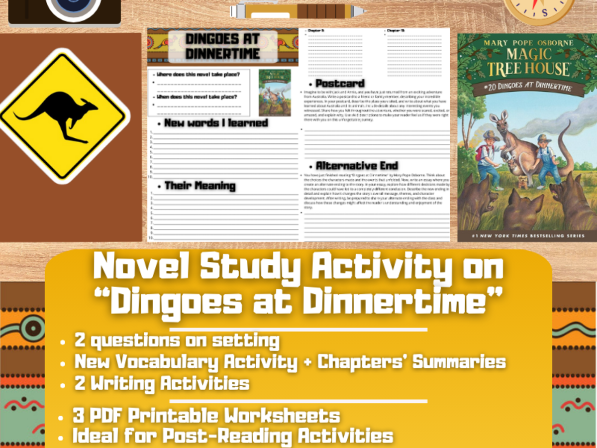 An educational teaching resource from Learning with Alan entitled Novel Study Worksheets - Dingoes at Dinnertime - Magic Tree House downloadable at Teach Simple.