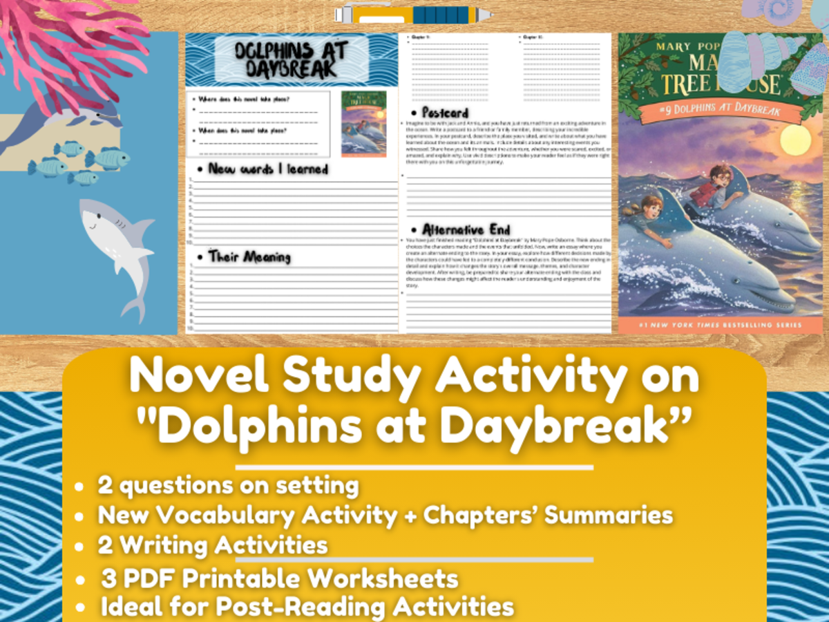 An educational teaching resource from Learning with Alan entitled Novel Study Worksheets - "Dolphins at Daybreak" - Magic Tree House downloadable at Teach Simple.