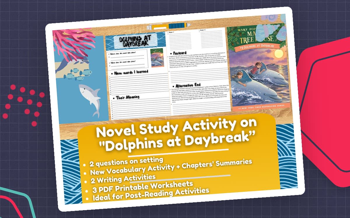 An educational teaching resource from Learning with Alan entitled Novel Study Worksheets - "Dolphins at Daybreak" - Magic Tree House downloadable at Teach Simple.