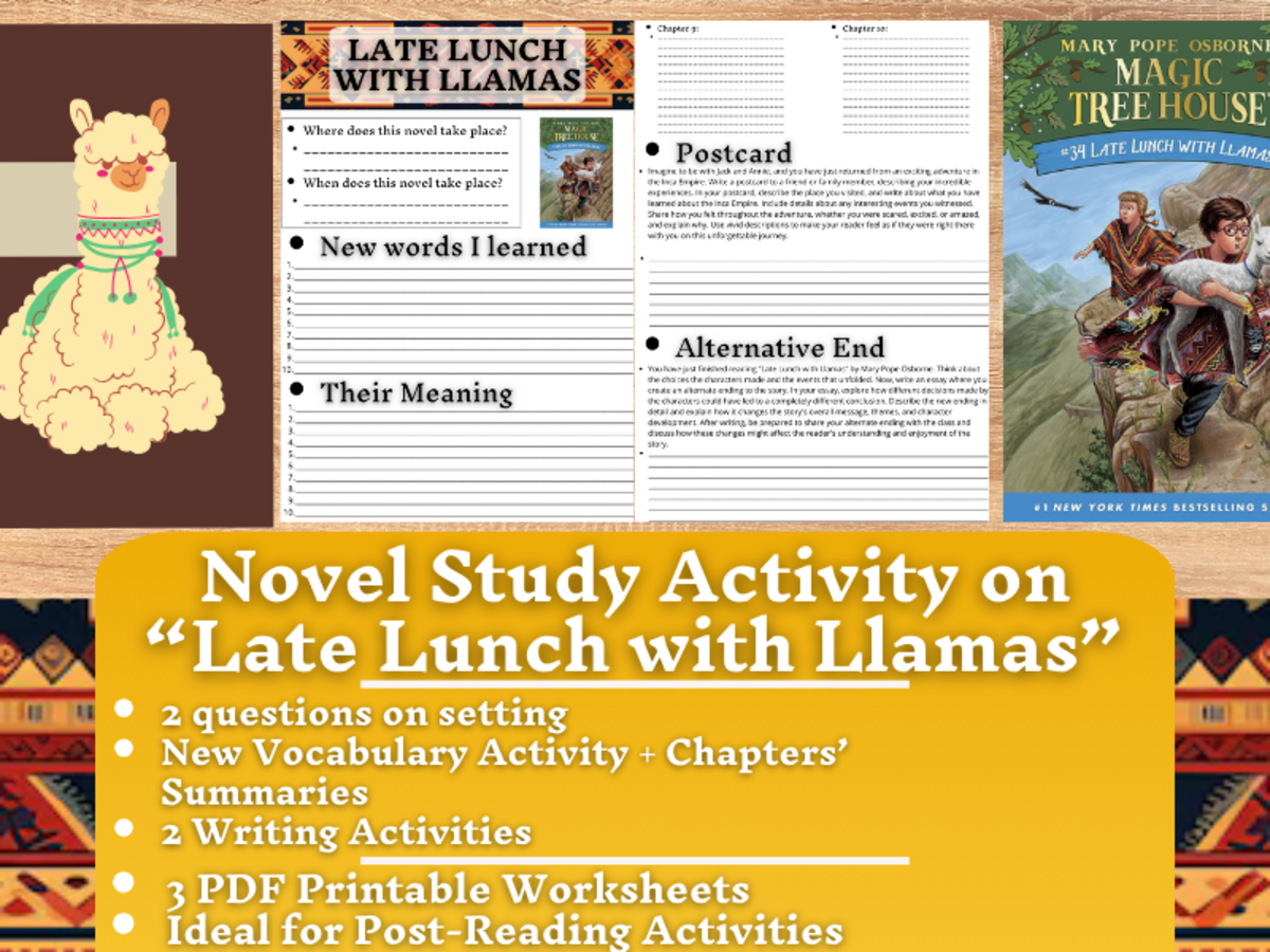 An educational teaching resource from Learning with Alan entitled Novel Study Worksheets - Late Lunch with Llamas - Magic Tree House downloadable at Teach Simple.