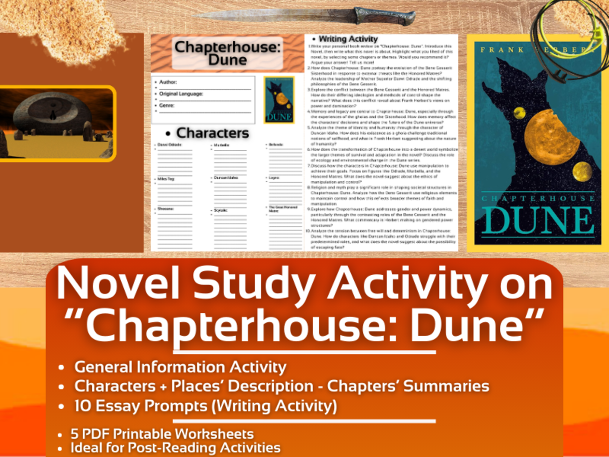 An educational teaching resource from Learning with Alan entitled Novel Study Worksheets on "Chapterhouse: Dune" by Frank Herbert downloadable at Teach Simple.