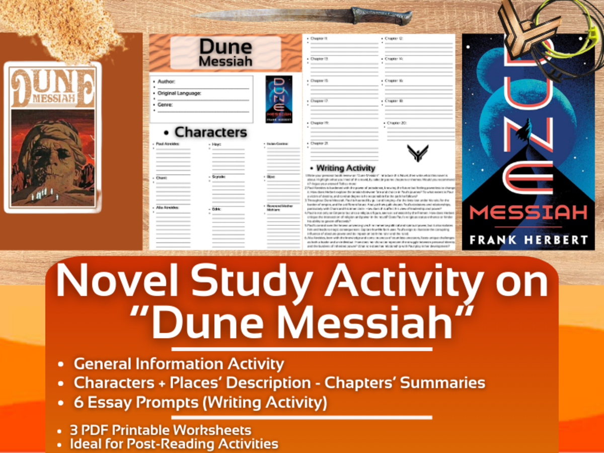 An educational teaching resource from Learning with Alan entitled Novel Study Worksheets on "Dune Messiah" by Frank Herbert downloadable at Teach Simple.