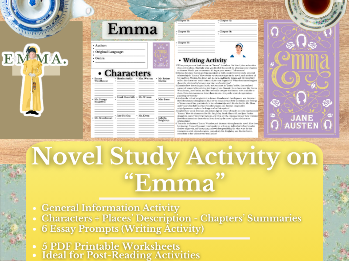 An educational teaching resource from Learning with Alan entitled Novel Study Worksheets on "Emma" by Jane Austen downloadable at Teach Simple.