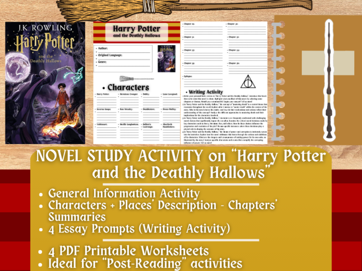 An educational teaching resource from Learning with Alan entitled Novel Study Worksheets on "Harry Potter and the Deathly Hallows" downloadable at Teach Simple.