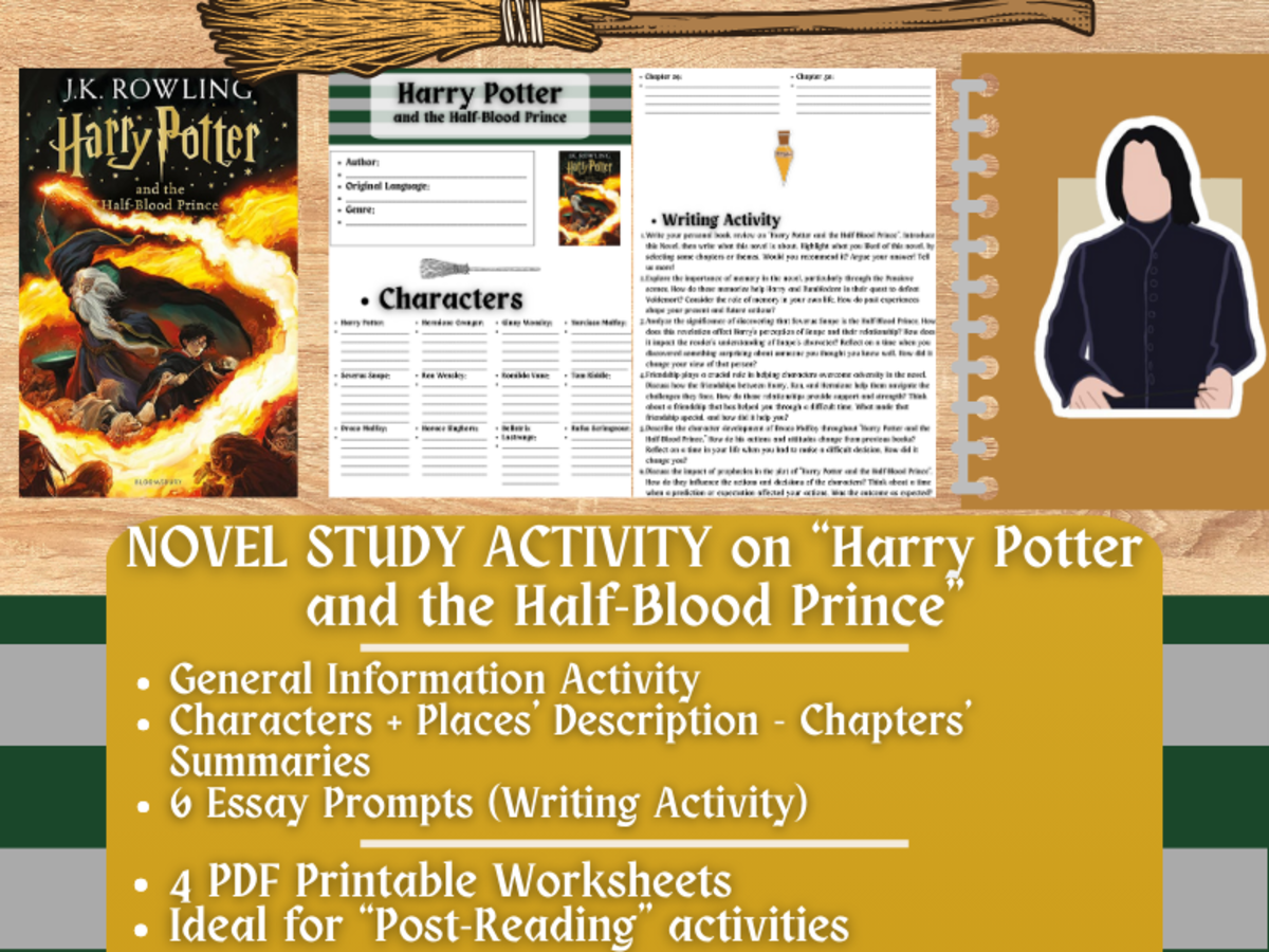 An educational teaching resource from Learning with Alan entitled Novel Study Worksheets on "Harry Potter and the Half-Blood Prince" downloadable at Teach Simple.