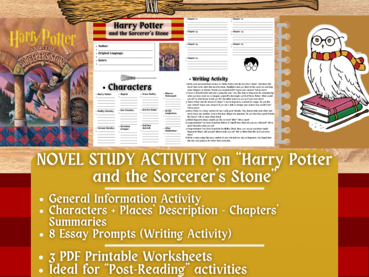 An educational teaching resource from Learning with Alan entitled Novel Study Worksheets on "Harry Potter and the Sorcerer's Stone" downloadable at Teach Simple.