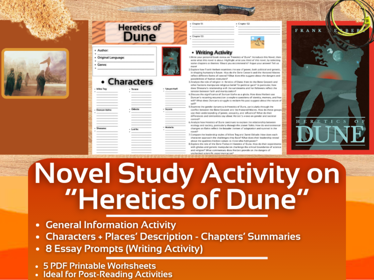 An educational teaching resource from Learning with Alan entitled Novel Study Worksheets on "Heretics of Dune" by Frank Herbert downloadable at Teach Simple.
