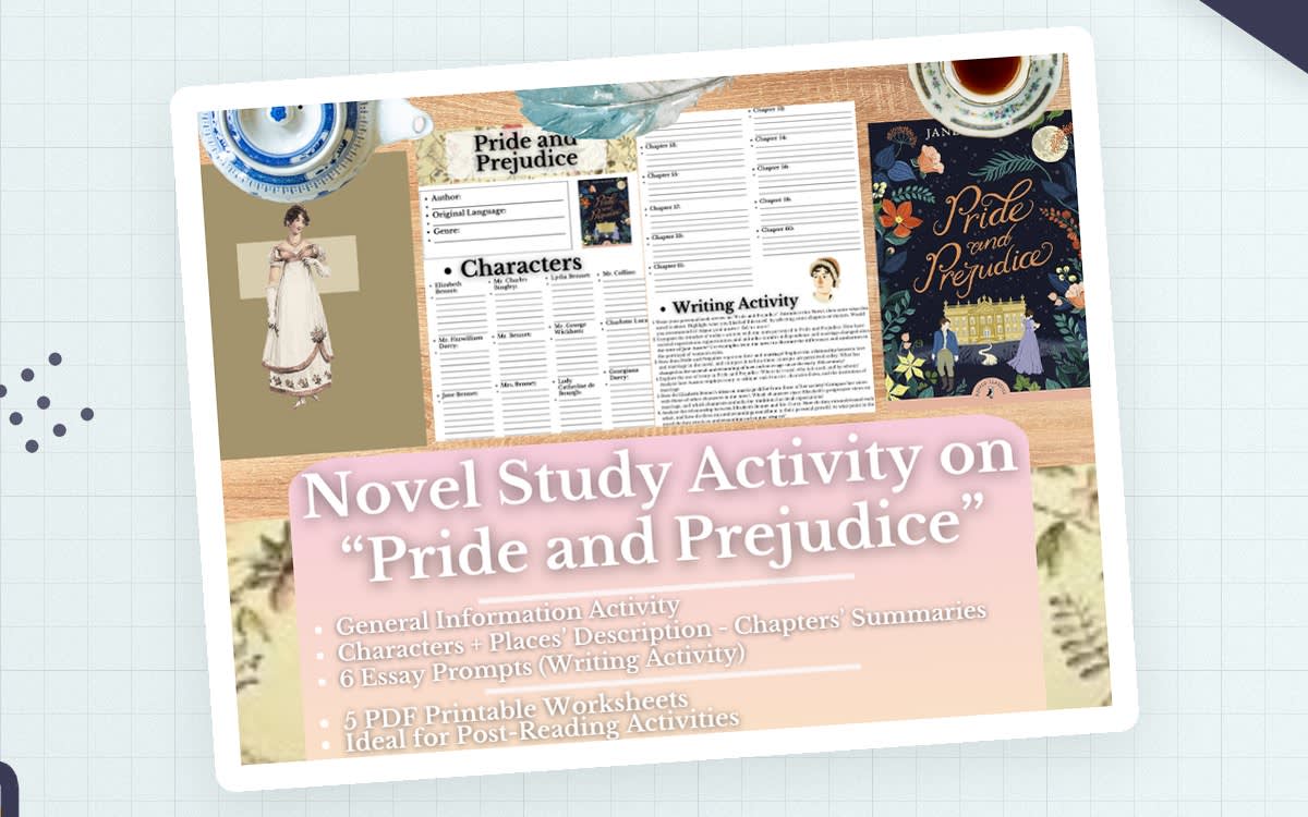 An educational teaching resource from Learning with Alan entitled Novel Study Worksheets on "Pride and Prejudice" by Jane Austen downloadable at Teach Simple.