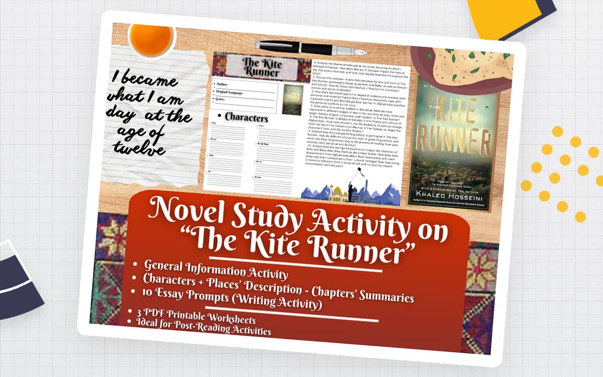 An educational teaching resource from Learning with Alan entitled Novel Study Worksheets on "The Kite Runner" by Khaled Hosseini downloadable at Teach Simple.