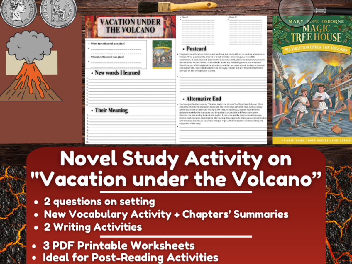 An educational teaching resource from Learning with Alan entitled Novel Study Worksheets - Vacation under the Volcano - Magic Tree House downloadable at Teach Simple.