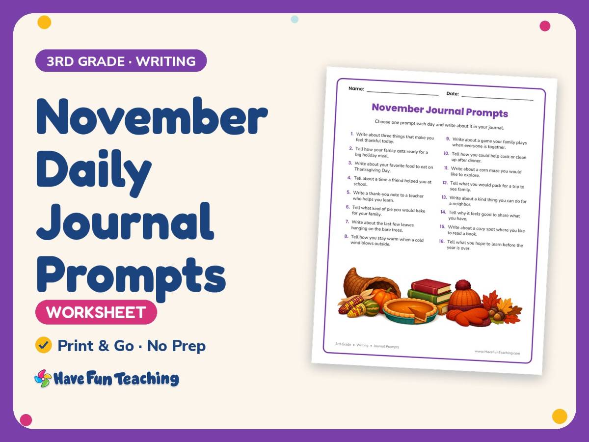 November Daily Journal Prompts Worksheet – 3rd Grade Journals Practice preview
