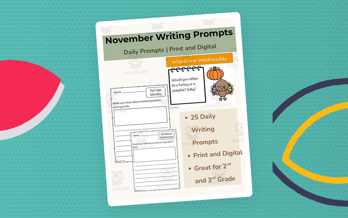 An educational teaching resource from A Day In Elementary entitled November Daily Writing Prompts | 2nd–3rd Grade | Print + Digital downloadable at Teach Simple.