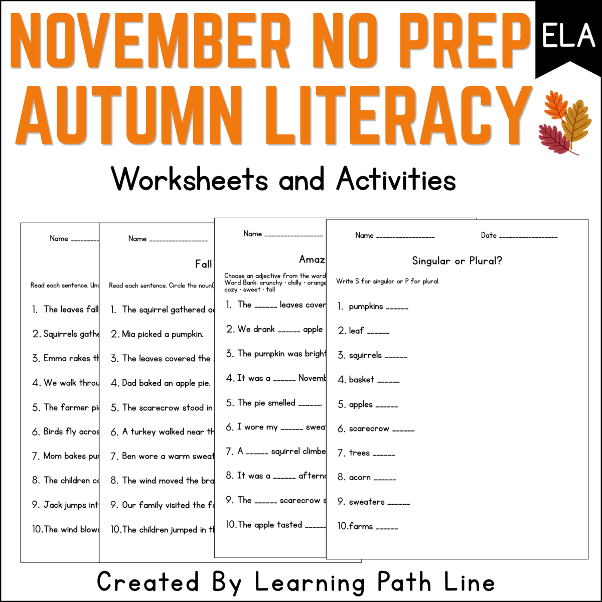 An educational teaching resource from Learning Path Line entitled November No Prep ELA Pack | Fall Grammar Worksheets | Autumn Literacy downloadable at Teach Simple.
