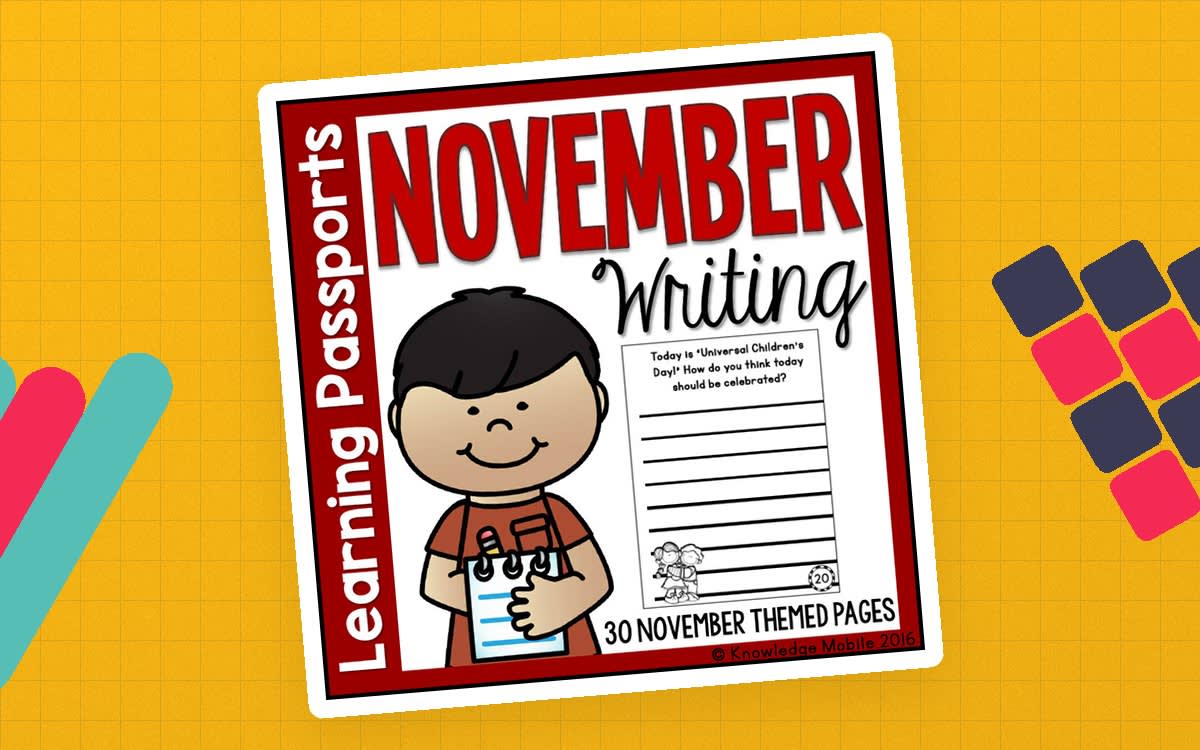 An educational teaching resource from Knowledge Mobile entitled November Writing Prompts - Learning Passport downloadable at Teach Simple.