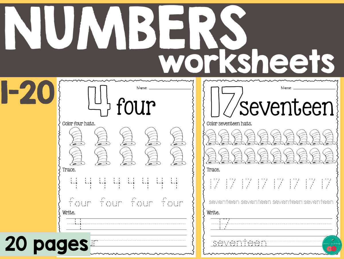 An educational teaching resource from Cherry Workshop entitled Numbers 1–20 Worksheet – Cat in the Hat Theme downloadable at Teach Simple.