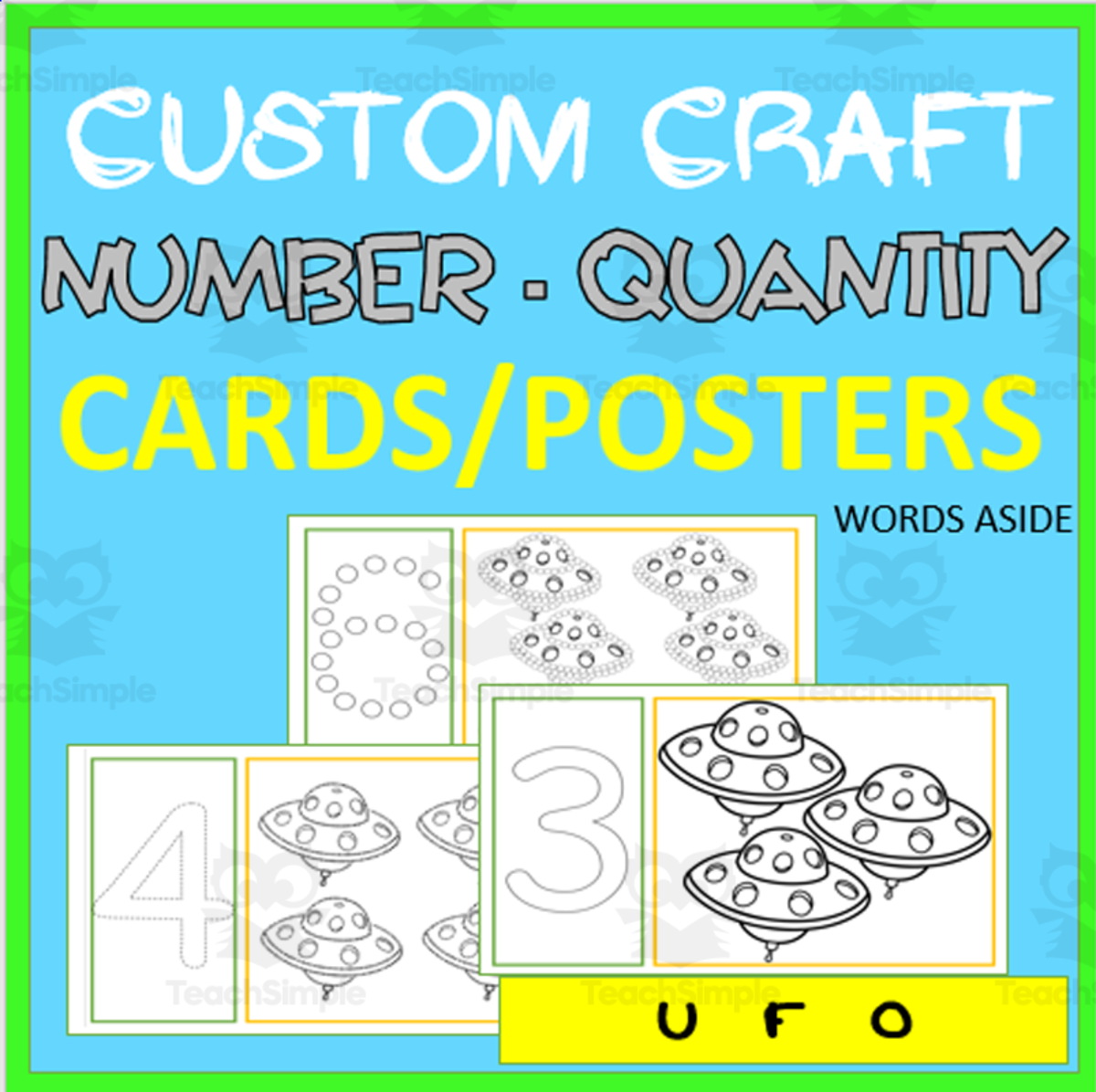 An educational teaching resource from WORDS ASIDE entitled NUMBER AND QUANTITY CUSTOM CARDS | COLOR TRACE DOT | ufo downloadable at Teach Simple.