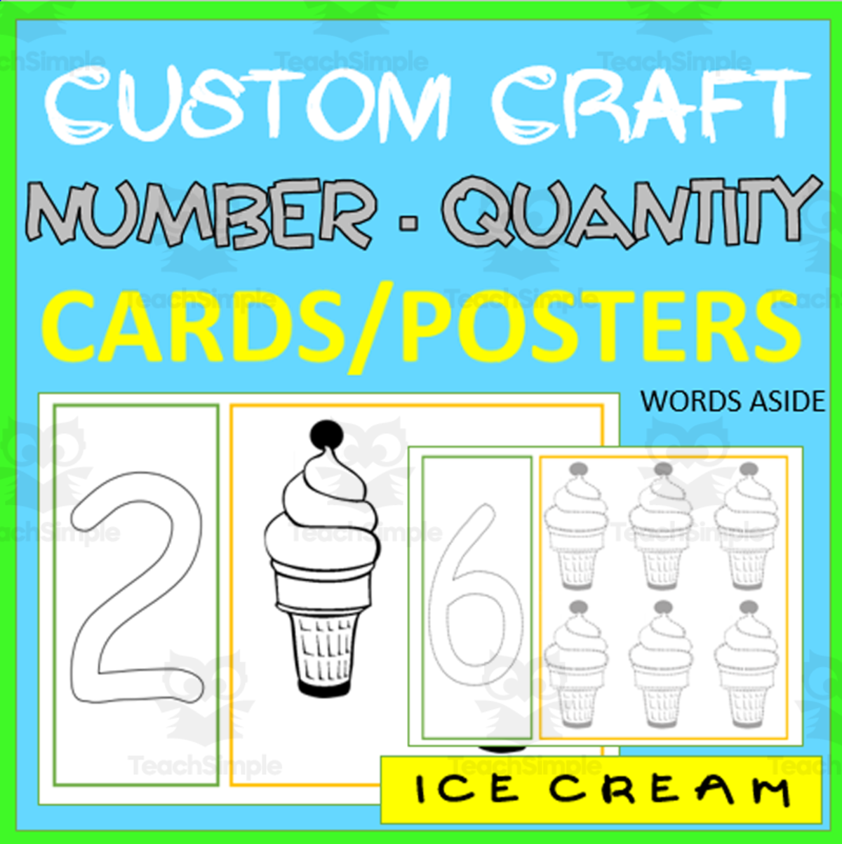 An educational teaching resource from WORDS ASIDE entitled NUMBER AND QUANTITY CUSTOM CARDS | COLOR TRACE | ice cream downloadable at Teach Simple.