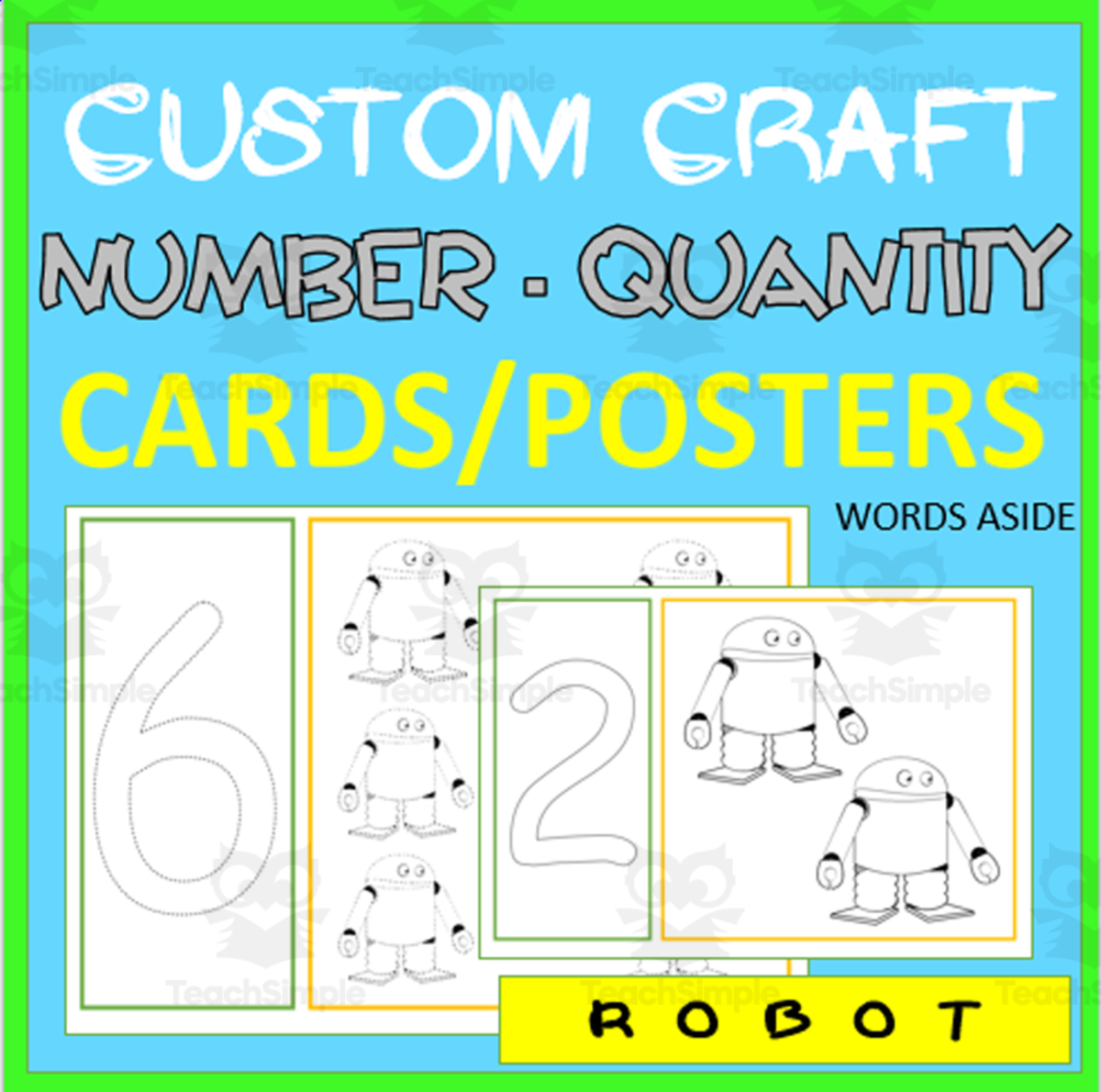 An educational teaching resource from WORDS ASIDE entitled NUMBER AND QUANTITY CUSTOM CARDS | COLOR TRACE | robot downloadable at Teach Simple.