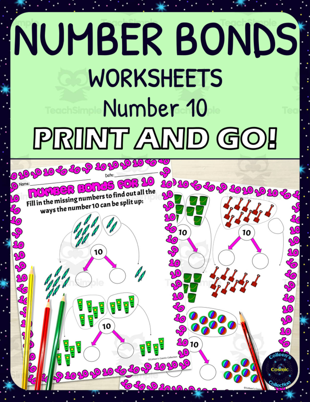 An educational teaching resource from Colleen's Cosmic Collection entitled Number Bonds for 10 Worksheets downloadable at Teach Simple.