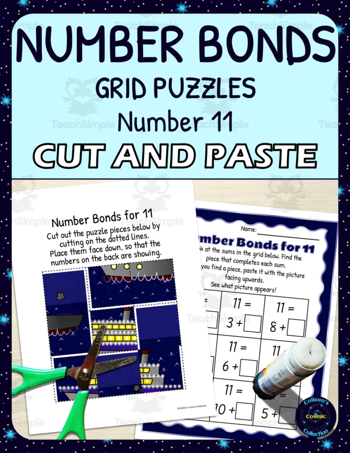 An educational teaching resource from Colleen's Cosmic Collection entitled Number Bonds for 11 Practice - Cut and Paste Grid Puzzle downloadable at Teach Simple.