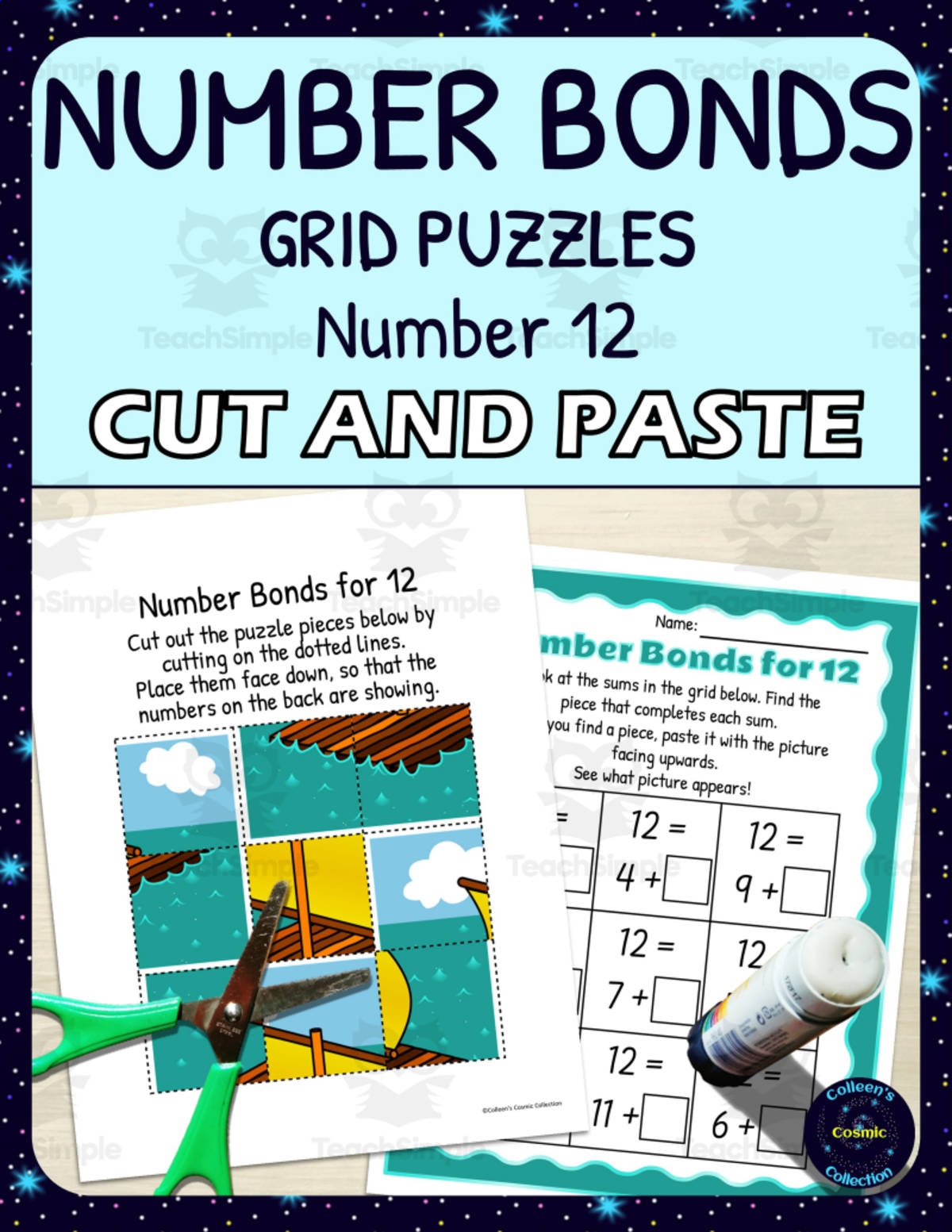 An educational teaching resource from Colleen's Cosmic Collection entitled Number Bonds for 12 Practice - Cut and Paste Grid Puzzle downloadable at Teach Simple.
