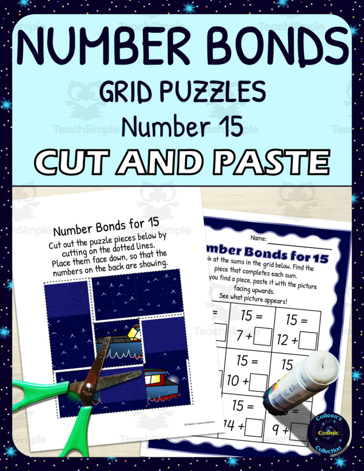 An educational teaching resource from Colleen's Cosmic Collection entitled Number Bonds for 15 Practice - Cut and Paste Grid Puzzle downloadable at Teach Simple.