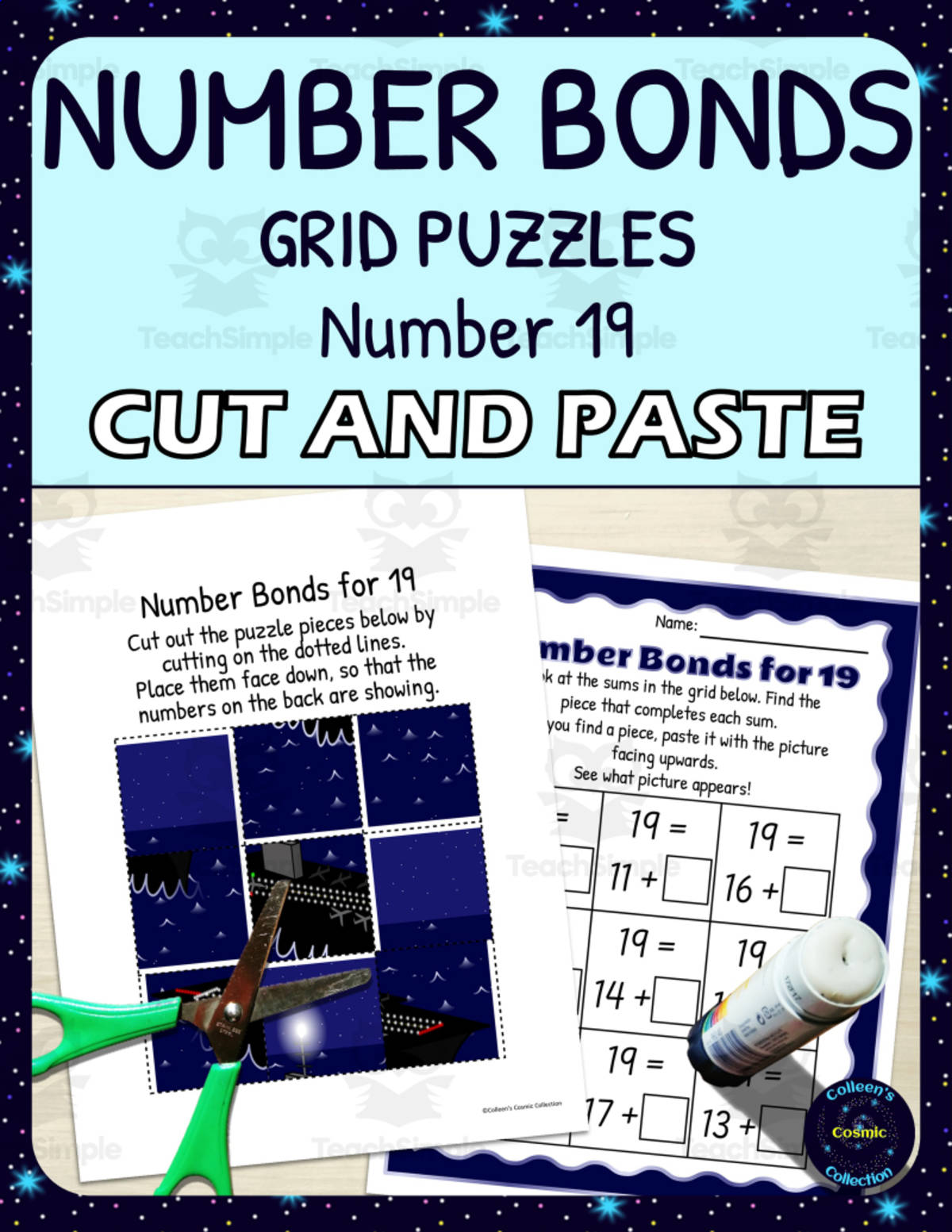 An educational teaching resource from Colleen's Cosmic Collection entitled Number Bonds for 19 Practice - Cut and Paste Grid Puzzle downloadable at Teach Simple.