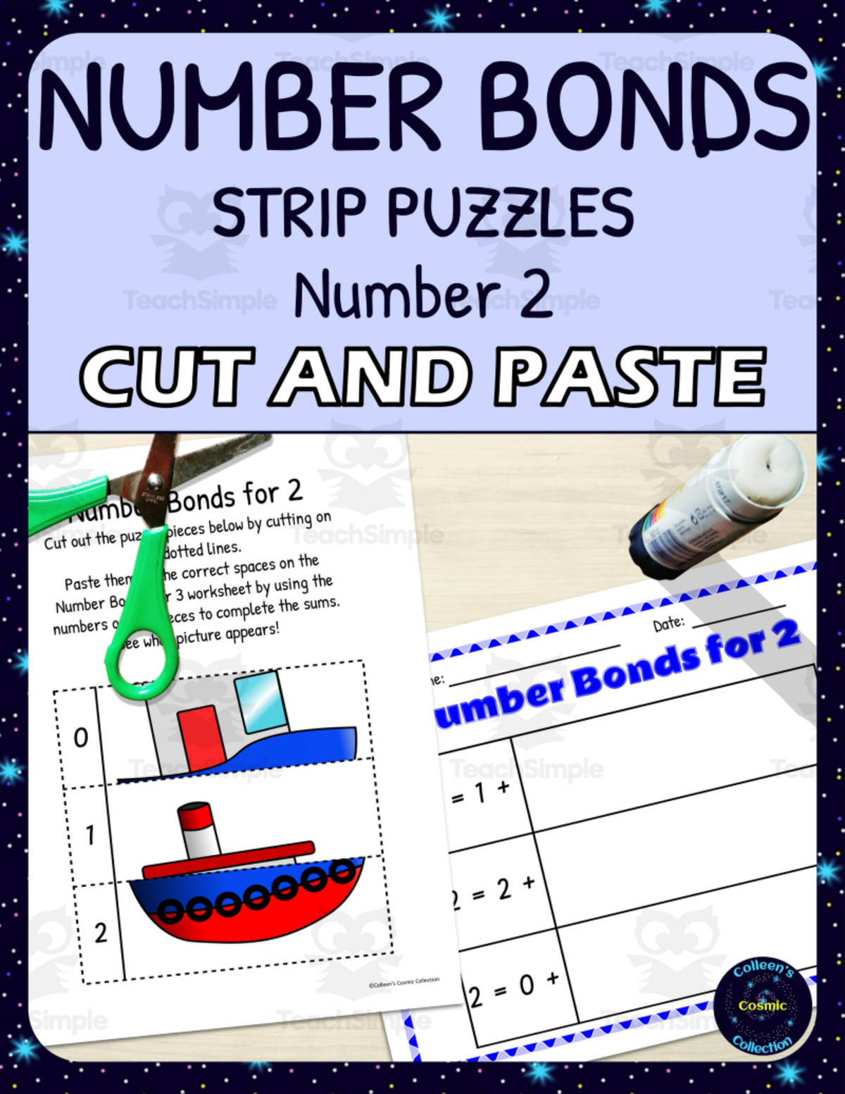 An educational teaching resource from Colleen's Cosmic Collection entitled Number Bonds for 2 Practice - Cut and Paste Strip Puzzle downloadable at Teach Simple.