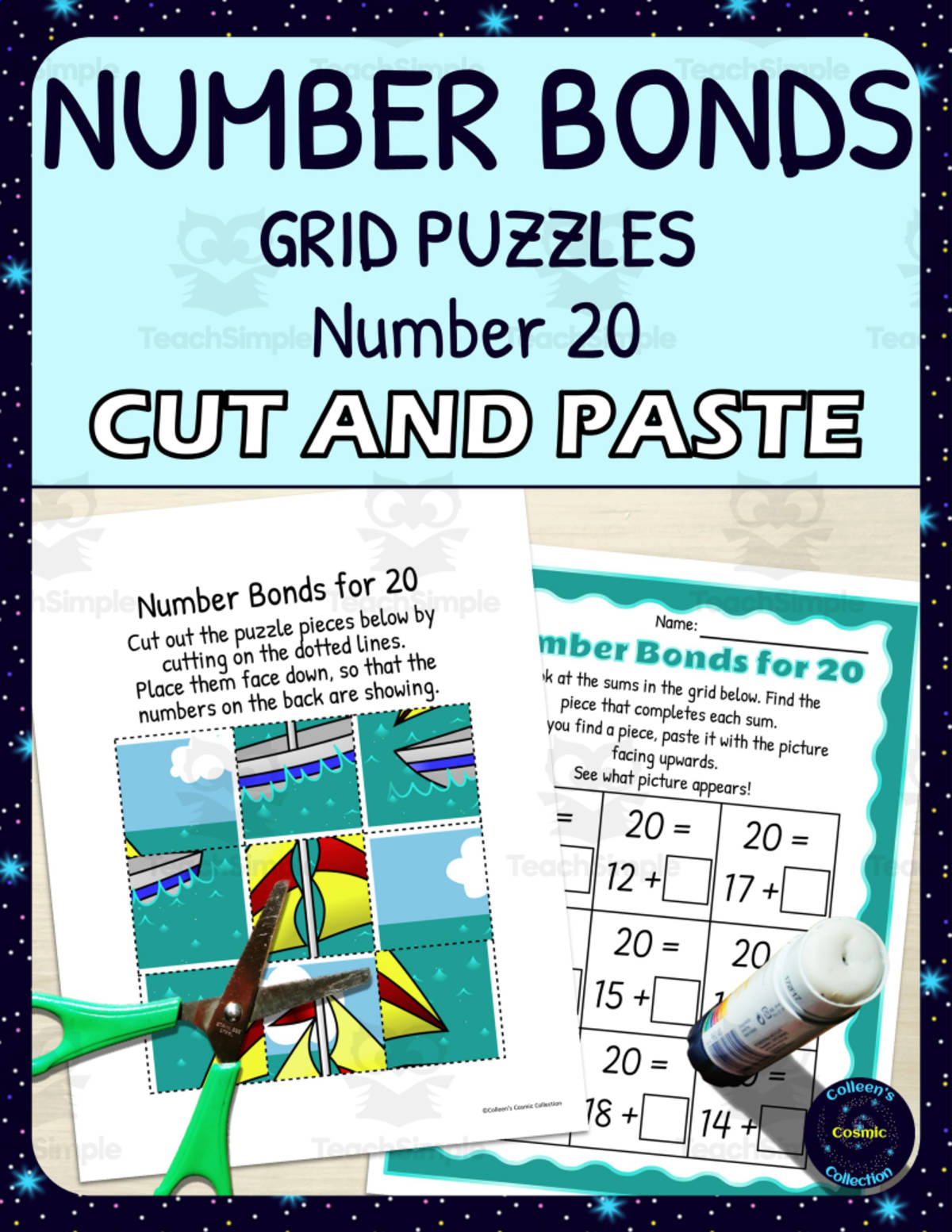 An educational teaching resource from Colleen's Cosmic Collection entitled Number Bonds for 20 Practice - Cut and Paste Grid Puzzle downloadable at Teach Simple.