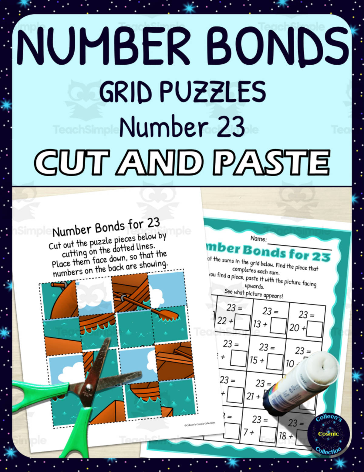 An educational teaching resource from Colleen's Cosmic Collection entitled Number Bonds for 23 Practice - Cut and Paste Grid Puzzle downloadable at Teach Simple.