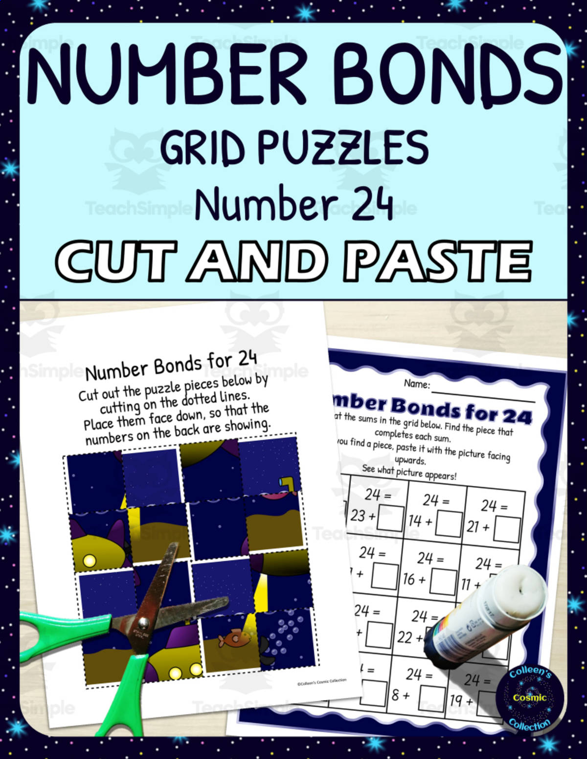 An educational teaching resource from Colleen's Cosmic Collection entitled Number Bonds for 24 Practice - Cut and Paste Grid Puzzle downloadable at Teach Simple.