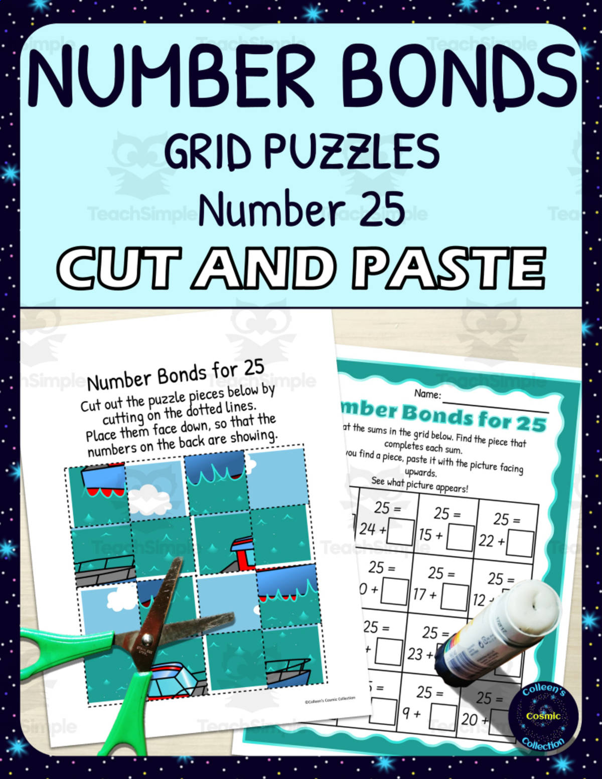 An educational teaching resource from Colleen's Cosmic Collection entitled Number Bonds for 25 Practice - Cut and Paste Grid Puzzle downloadable at Teach Simple.