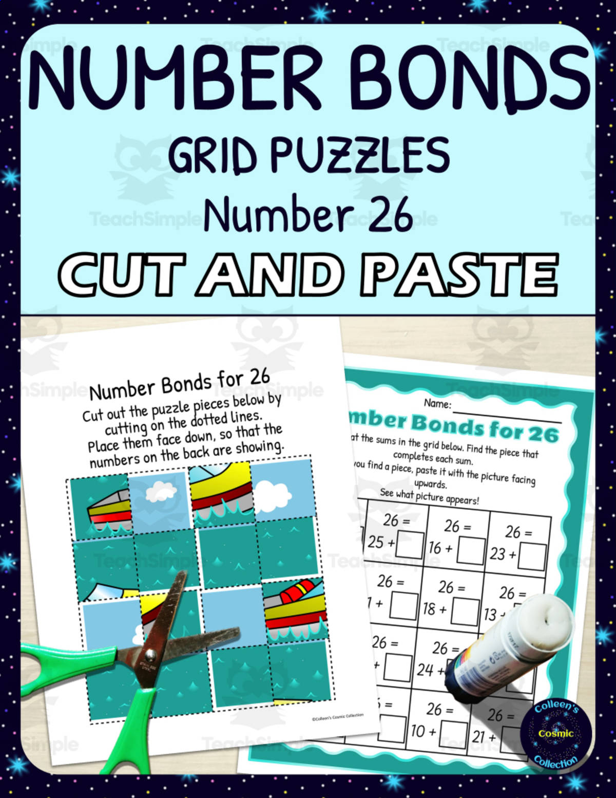An educational teaching resource from Colleen's Cosmic Collection entitled Number Bonds for 26 Practice - Cut and Paste Grid Puzzle downloadable at Teach Simple.