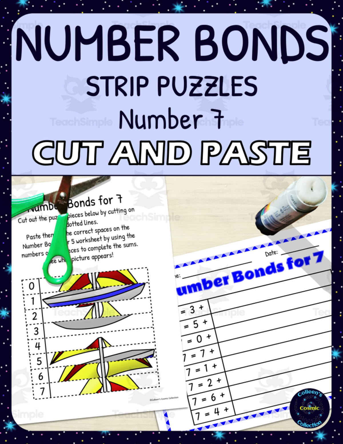 An educational teaching resource from Colleen's Cosmic Collection entitled Number Bonds for 7 Practice - Cut and Paste Strip Puzzle downloadable at Teach Simple.