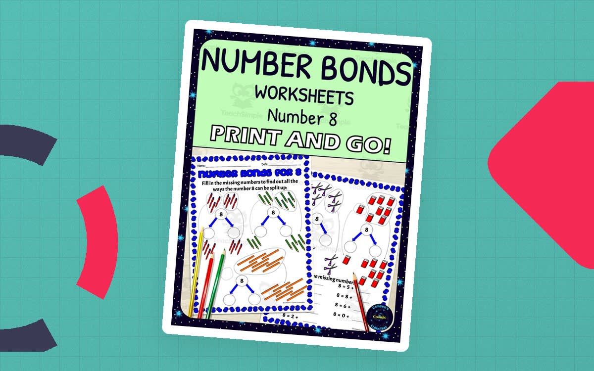 An educational teaching resource from Colleen's Cosmic Collection entitled Number Bonds for 8 Worksheets downloadable at Teach Simple.