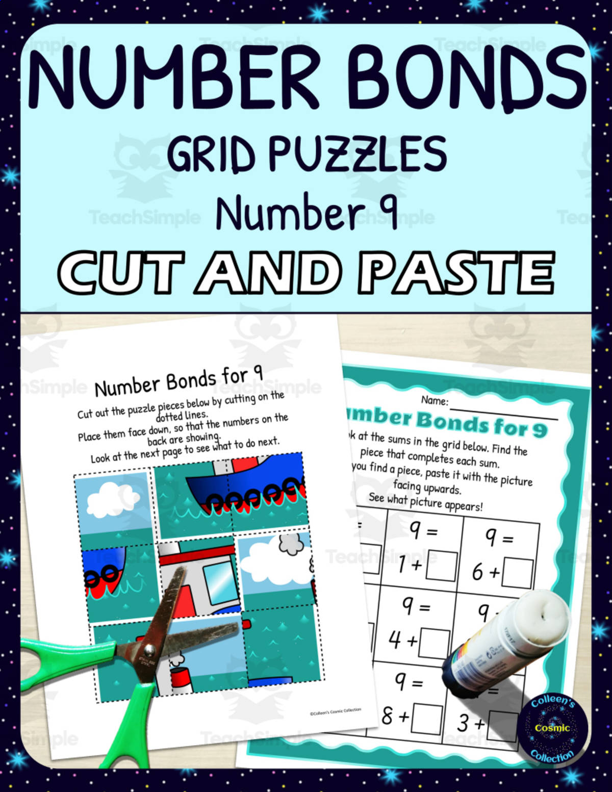 An educational teaching resource from Colleen's Cosmic Collection entitled Number Bonds for 9 Practice - Cut and Paste Grid Puzzle downloadable at Teach Simple.