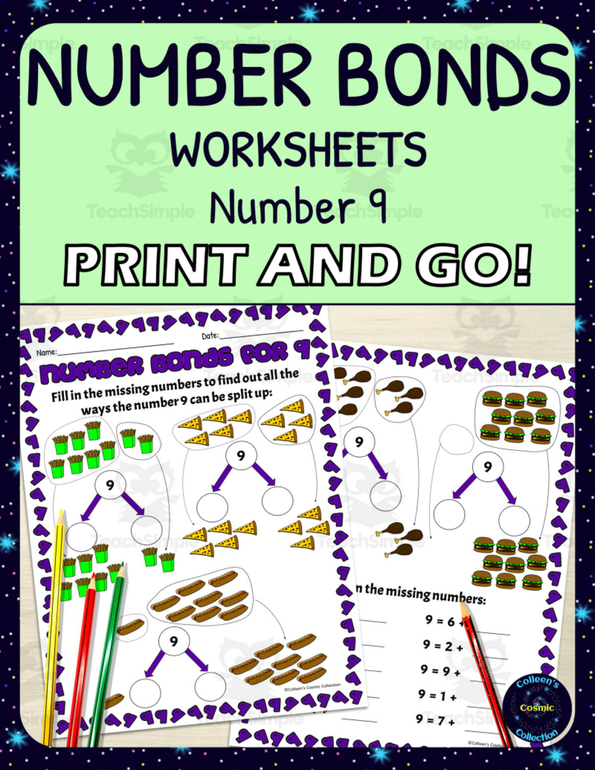 An educational teaching resource from Colleen's Cosmic Collection entitled Number Bonds for 9 Worksheets downloadable at Teach Simple.