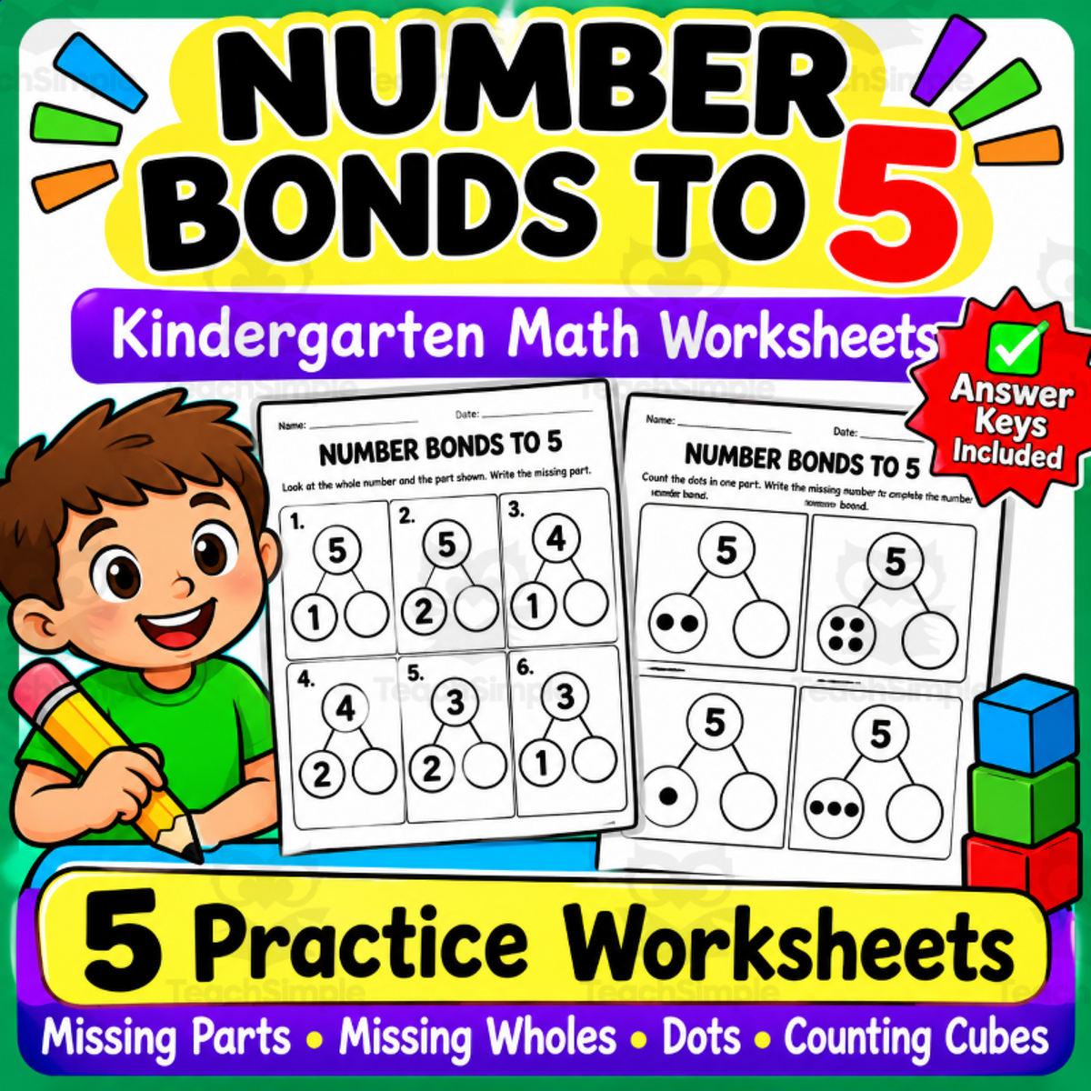 An educational teaching resource from Smart Learning Press entitled number bonds to 5 worksheet with answers downloadable at Teach Simple.