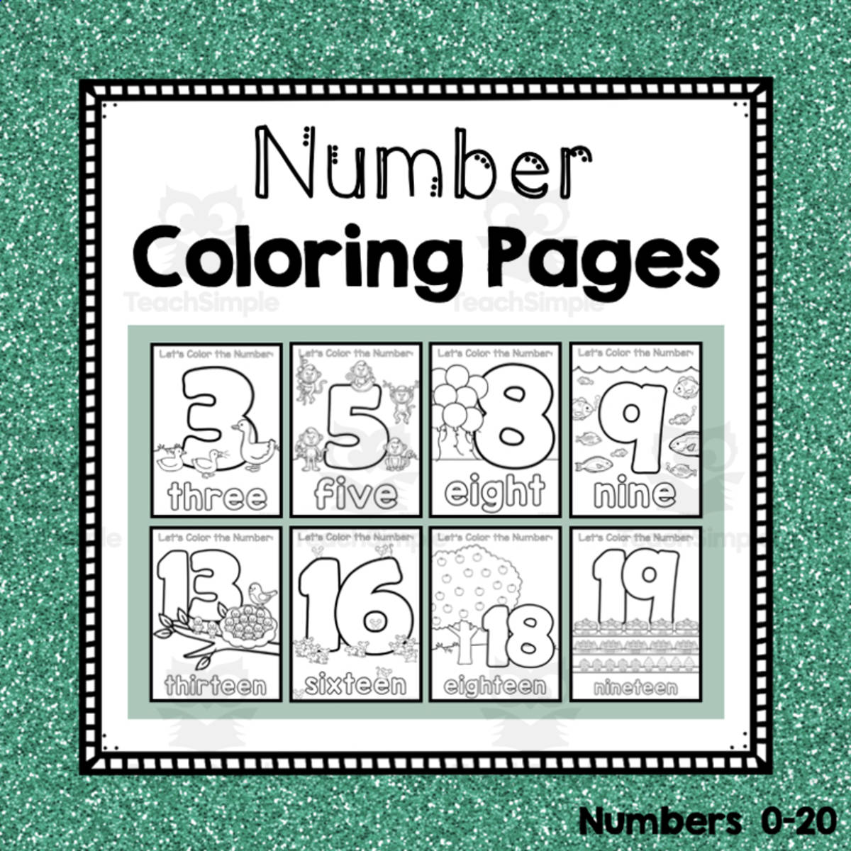 An educational teaching resource from Simply Schoolgirl entitled Number Coloring Pages 0-20 | Preschool Number Resources downloadable at Teach Simple.