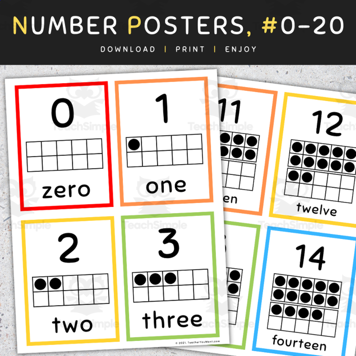 An educational teaching resource from TeacherYouWant entitled Number Flash Cards 0-20: Ten Frames, Number Posters, Classroom Decor downloadable at Teach Simple.