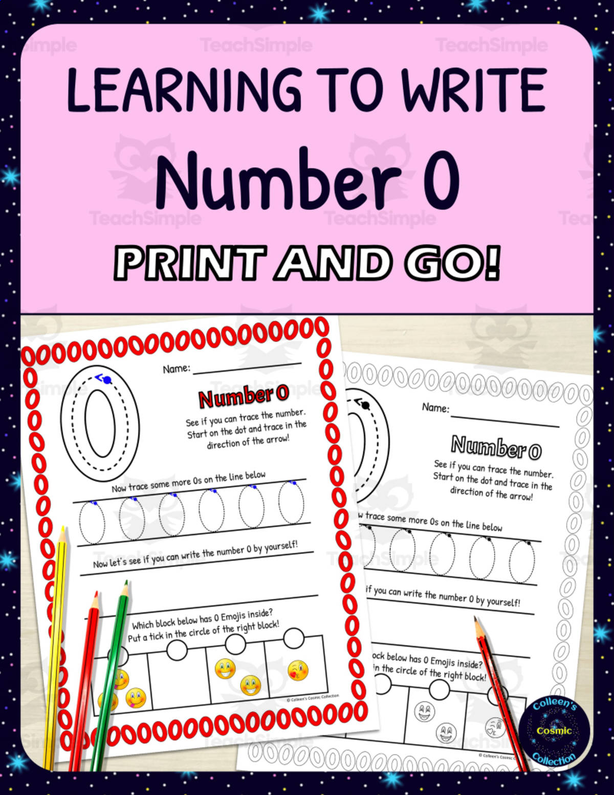 An educational teaching resource from Colleen's Cosmic Collection entitled Number Formation Practice Worksheets - Learning to Write Number 0 downloadable at Teach Simple.